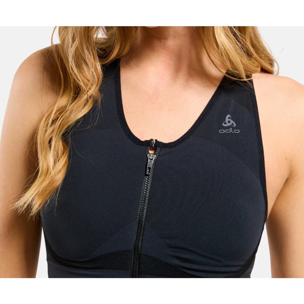 NWT ODLO Sports Bra XS Black High Support Training Padded Zip Front Gym Fitness